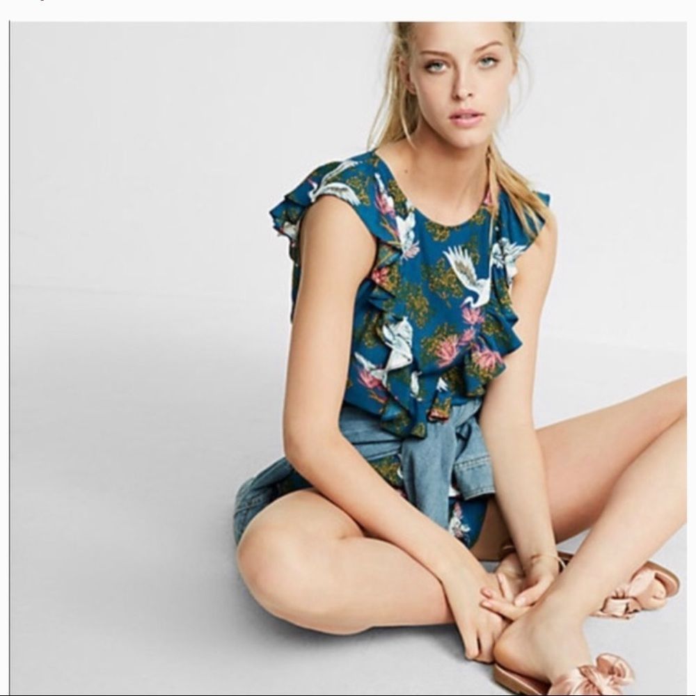Express Ruffle Crane/ Bird Print Romper - Picture 3 of 15
